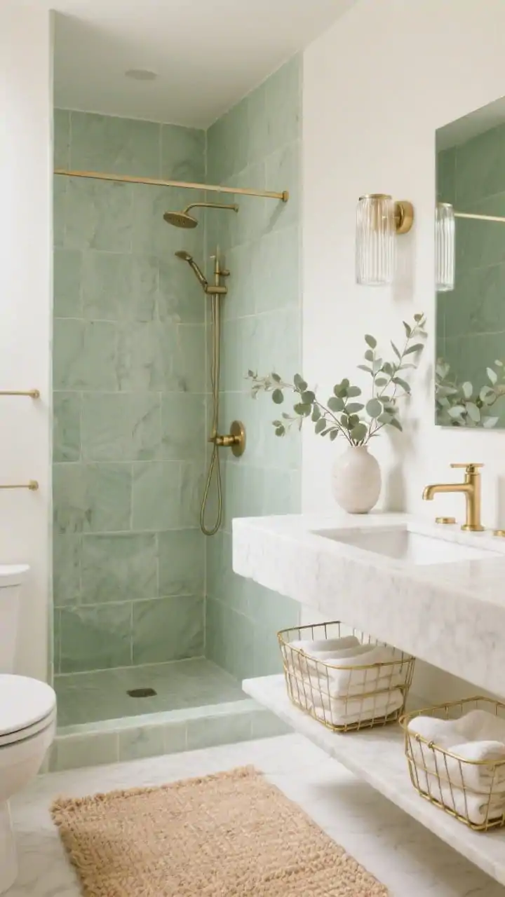 Medium straight-on shot, photorealistic: A soothing small bathroom with large sage-green porcelain slabs lining the shower and warm white walls elsewhere to bounce light. A white quartz-topped vanity with brushed gold fixtures, plus a ribbed glass sconce adding delicate shimmer. Styling: eucalyptus stems in a vase, a pale jute rug underfoot, and neatly stacked washcloths in a gold wire basket on the vanity shelf. Fresh, soft lighting, tranquil mood, no people.