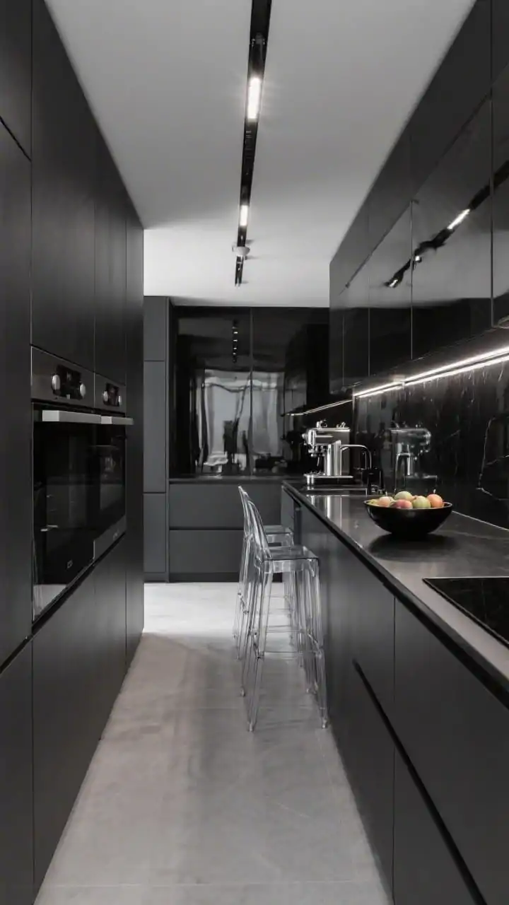 Medium, straight-on view of a high-gloss monochrome galley kitchen: floor-to-ceiling high-gloss graphite cabinets with fully integrated seamless appliances; jet black porcelain counters with minimal seams; a smoked mirror backsplash reflecting depth and light; a contemporary LED ceiling track highlighting the sleek island with bar seating; styling includes a black fruit bowl, chrome espresso machine, and clear acrylic barstools that visually disappear; urban, moody, unapologetically luxe, photorealistic, no people.