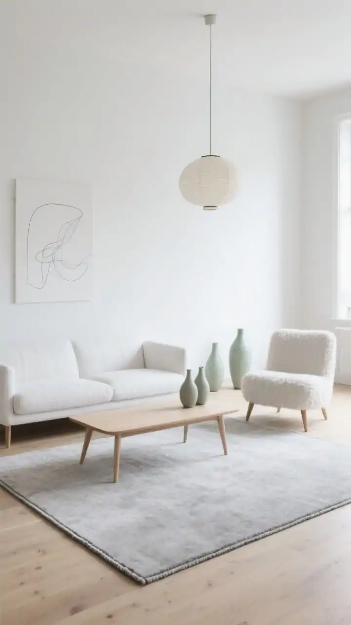 Medium, straight-on view of a Scandinavian minimalist living room with a soft pale gray rug “floating” so only the front legs of the crisp white sofa and a boucle accent chair touch it; low-profile birch coffee table centered; rug features a thin contrasting border for subtle definition; palette of dove gray, white, blond wood, muted sage accents; paper lantern pendant overhead, ceramic vases, minimal line art on the wall; bright diffuse daylight for a serene, airy feel, photorealistic.