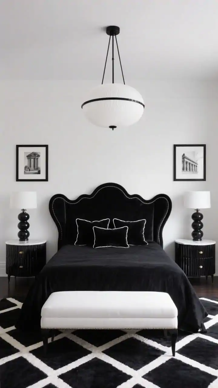 Medium-to-wide, Contemporary Art Deco Noir: smoky white walls behind a black velvet wingback headboard with scalloped edges; matching black nightstands with fluted fronts and white marble tops; a black-and-ivory geometric rug grounding the space; overhead white globe chandelier with slim black arms; black lacquer frames holding symmetrical black-and-white architectural prints; a glossy white bench at the foot of the bed; add black velvet throw pillows with white piping; balanced glam mood, evening glow, photorealistic, straight-on composition.