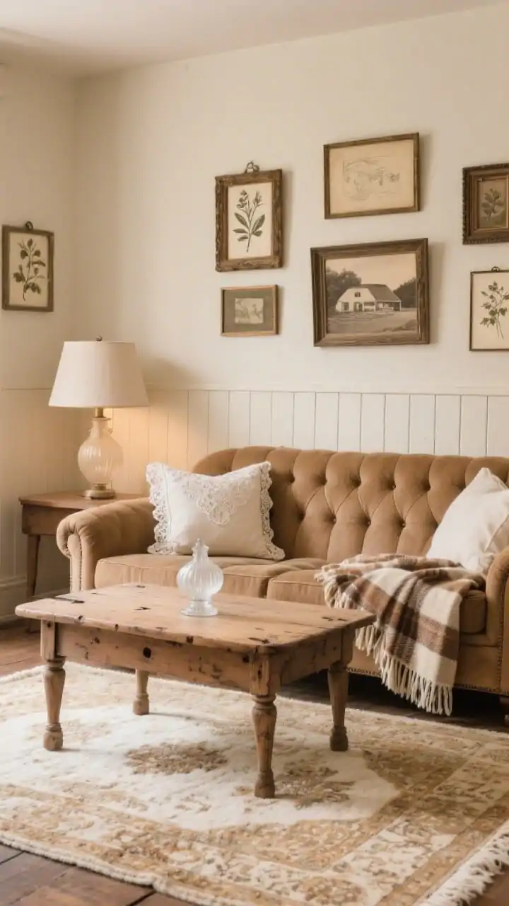 Medium vignette, Cottagecore Neutral: camel tufted sofa facing a vintage pine coffee table with charming dings; walls with a small gallery of mismatched vintage frames botanicals, sketches, a sepia farmhouse photo; faded Persian-style rug in cream and tan; plaid wool throw and lace-trim pillows; milk-glass table lamp glowing softly; beadboard paneling on one wall; warm, nostalgic charm, photorealistic.
