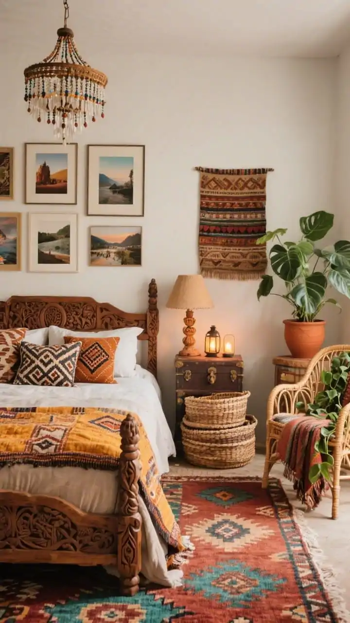 Medium vignette of eclectic boho nest: carved wood bed frame partially in view, patterned kilim rug in rust, teal, and saffron anchoring the scene. Mix of block-print pillows, a kantha quilt, and solid linen bedding creating balanced pattern play. Gallery wall of travel photos and textile art above the headboard. Beaded chandelier overhead, carved table lamp on a side table, candle lanterns for evening glow. Stacked woven baskets and a vintage trunk nearby, rattan accent chair with a throw. Pothos or a rubber plant in a terra-cotta pot adding greenery. Warm, layered, personality-filled mood.