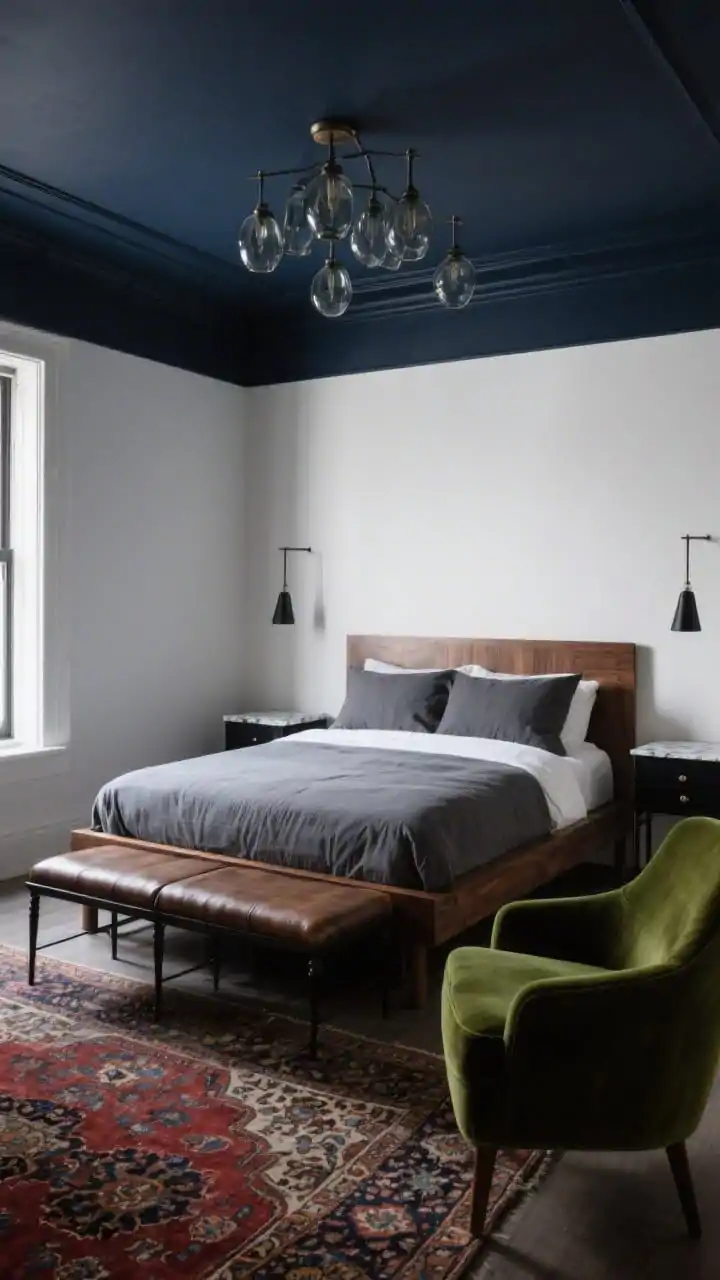 Medium-wide angle from a corner, bedroom featuring a dark painted tray ceiling in rich charcoal (or ink blue) with a cluster of smoked-glass pendants centered in the tray; crisp white walls; walnut platform bed dressed in graphite linen bedding; leather bench at the foot; black metal nightstands with marble tops; one mossy-green velvet chair; vintage-style Persian rug in muted reds and blues; moody, modern, cinematic nighttime ambiance.