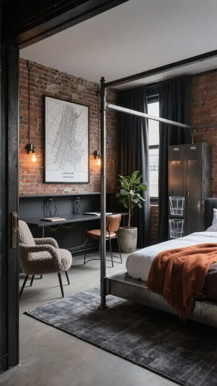 Medium-wide angle from the doorway: An industrial luxe bedroom with an exposed brick feature wall, a gunmetal canopy bed, and a slate rug. Edison-style sconces provide warm, focused glow while keeping lines sleek. Opposite the bed, a shared work wall: a continuous blackened steel shelf desk with two stations, cable trough concealed, her boucle chair on the left and his leather chair on the right. Locker-style armoire on his side; tall closet with clear acrylic bins on hers. Palette of charcoal, rust, blackened steel, warm walnut; sheer charcoal curtains soften the windows, a rust wool throw on the bed. Large-scale city map print and a plant in an aged concrete pot complete the scene. Photorealistic, gritty-meets-glam, productive.