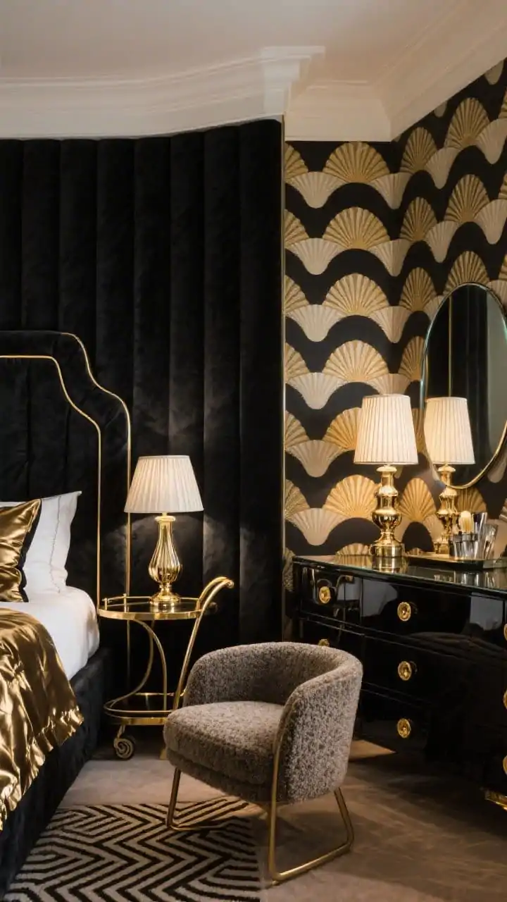Medium-wide, Art Deco glamour suite from a corner angle: deep ink-black feature wall behind a tall channel-tufted midnight velvet headboard with a thin gold inlay; adjacent wall with black, gold, and soft cream fan-patterned wallpaper; glossy black dresser with half-moon brass pulls, smoked glass mirror above; sculptural fluted bedside lamps with high-shine brass; a black-and-gold bar cart repurposed as a nightstand; curved bouclé chair; mixed geo accents (scallops, sunbursts, chevrons); plush textiles balancing shiny metals; evening ambient lighting for subtle drama.