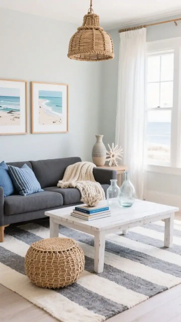 Medium-wide, bright coastal angle near windows: A dark grey couch in a beachy palette with walls painted pale greige. A cream-and-slate striped rug spans the floor; the sofa is layered with denim blue linen pillows, a ticking stripe lumbar, and an oatmeal chunky knit throw. Centered is a whitewashed wood coffee table with a woven seagrass pouf as a casual footrest. Overhead, a rope-wrapped or rattan pendant brings coastal texture. Art on the wall: soft seascapes or aerial beach prints in light oak frames. Styled decor includes textured ceramics, a coral-inspired sculpture, and clear glass vases. Sheer white curtains flood the room with natural light; a stack of ocean-hued coffee table books adds color. Breezy, relaxed, photorealistic.