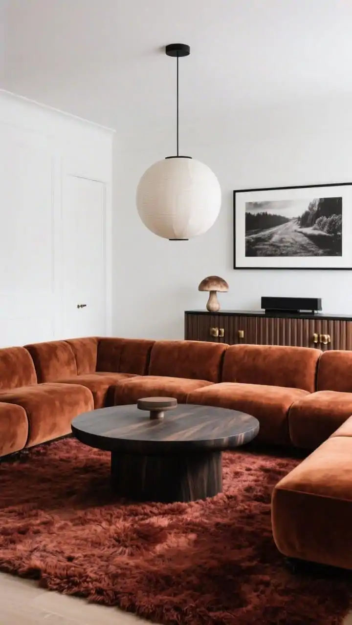 Medium-wide conversation pit vibe: modular U-shaped sectional in textured mushroom velvet encircling a chunky round coffee table in smoked oak or blackened ash, layered over a deep rust shag rug. Crisp white walls, an orb-like statement pendant centered over the table, long media console with fluted fronts and bronze pulls along one wall. Oversized grayscale framed photography for balance. Color story of mushroom, rust, walnut, matte black. Warm, social lighting, slight corner angle, photorealistic.