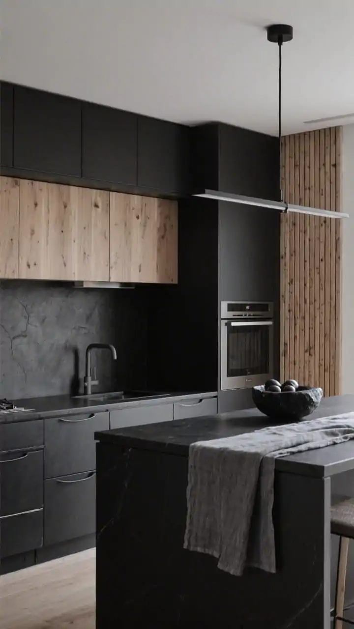 Medium-wide corner angle: A dramatic yet calm kitchen featuring matte black base cabinets with integrated finger-pull hardware and birch wall units. Silky black quartz countertops, a low-sheen graphite faucet. Backsplash treatment split: one wall with thin vertical birch slats, behind the range a smooth black plaster finish. Slim black linear pendant centered over the island. Textural styling: charcoal linen runners and a black stone fruit bowl. Balanced, moody lighting, photorealistic.