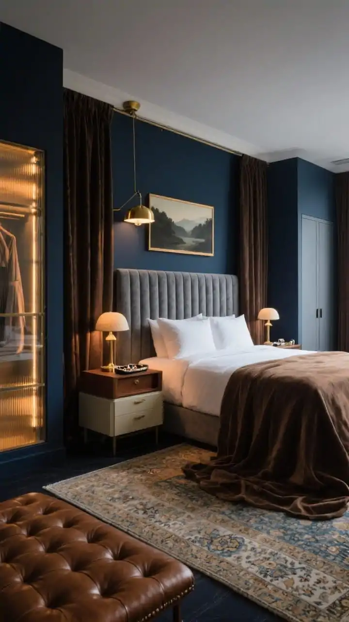 Medium-wide corner angle: A moody boutique-hotel bedroom with deep navy walls, a smoke-gray velvet channel-tufted headboard centered on a vintage-inspired Persian rug. Above the bed, a brass picture light illuminates a moody landscape artwork. On his side: walnut nightstand with a leather catchall; on hers: lacquered cream nightstand with a jewelry tray. Matching mushroom lamps cast dim, warm light. Twin closets: on the left, a wardrobe with glass fronts lit by warm LEDs for her; on the right, a wardrobe with matte panels for him. Heavy espresso drapery pooling on the floor, and a cognac leather tufted bench at the foot of the bed. Photorealistic, dramatic, hotel-like ambiance.
