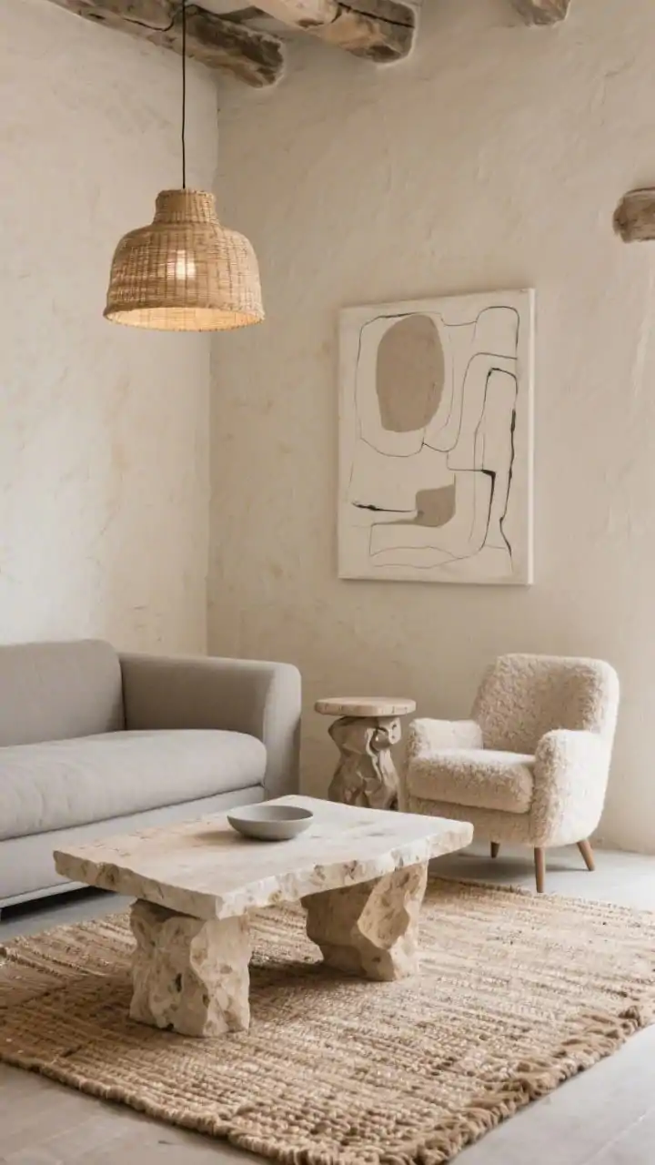 Medium-wide corner angle, Cozy Stone Cottage Meets Modern Minimal: beige limewashed wall with soft texture behind a clean-lined greige sectional; travertine slab coffee table, matte finish; carved stone-look side table beside a bouclé reading chair; neutral abstract canvas with plaster-like texture on wall; jute-and-wool blend rug; woven rattan ceiling pendant casting a warm glow; earthy-meets-modern, whisper-quiet ambiance, photorealistic.