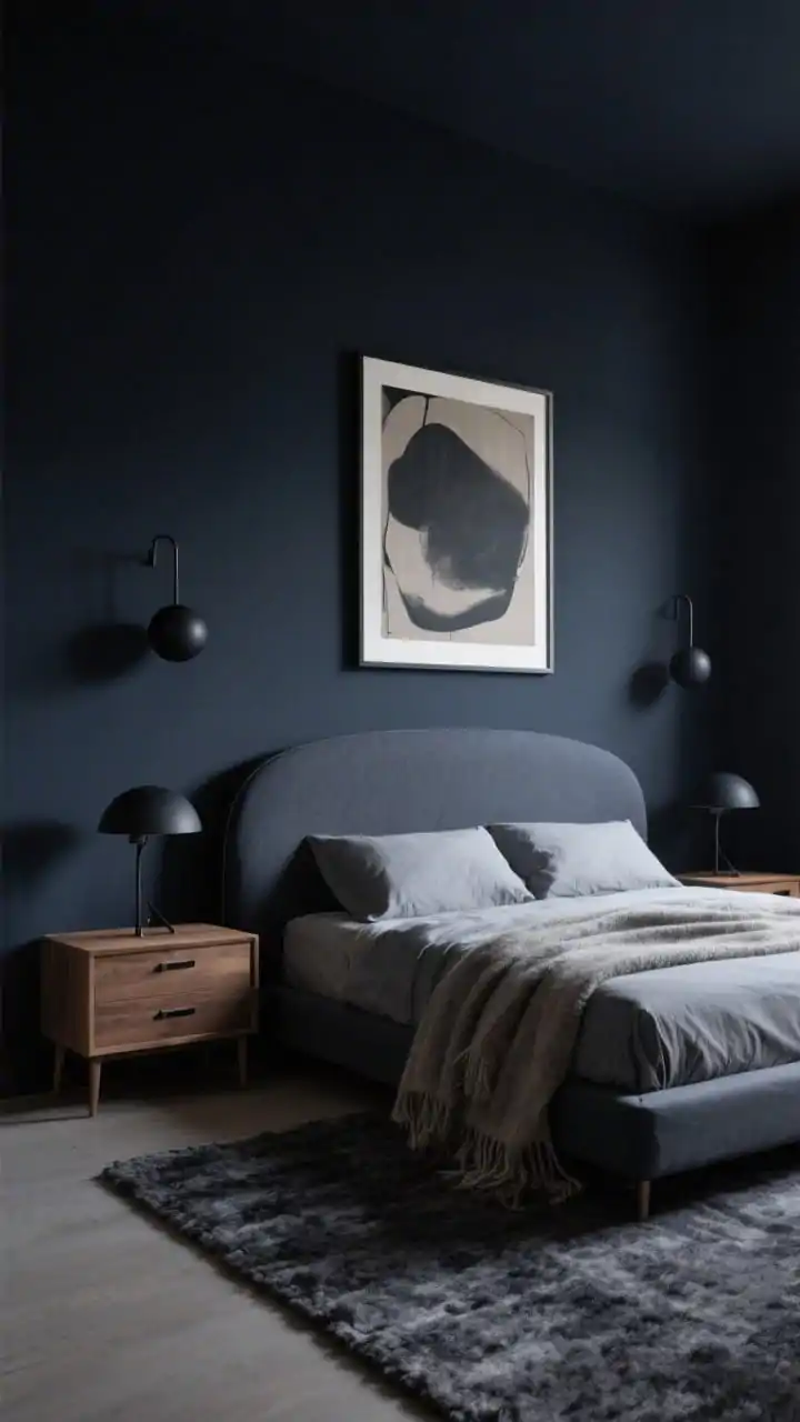Medium-wide corner angle of a moody midnight minimal bedroom with deep midnight blue-black walls. A low platform bed with a curved headboard, stone-gray percale sheets, cloudy alpaca throw, and a thick-pile charcoal wool rug. Slim ash nightstands with concealed drawer pulls, a matte black sconce duo above, and orb table lamps softening the lines. One oversized abstract print in muted ink tones with an off-white mat, smoked oak accents. Low, dramatic evening lighting creating serene shadows. Photorealistic.
