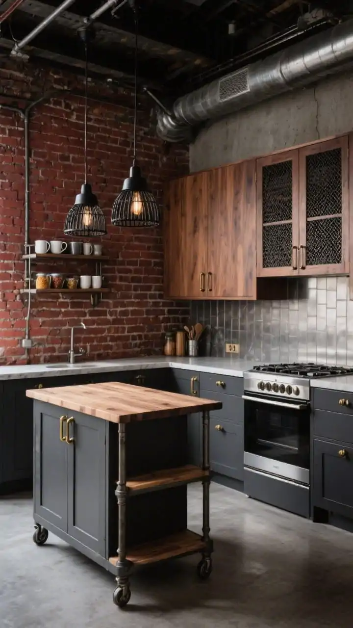 Medium-wide corner angle of an urban industrial L-shaped loft kitchen hugging an exposed red brick wall: charcoal shaker lower cabinets, warm walnut upper cabinets with mesh inserts, concrete-look quartz countertops, brushed steel backsplash panel behind the range, compact movable island on lockable casters with butcher-block top, aged brass pulls, black cage pendant lights over the island, steel pipe open shelving holding spices and mugs; mixed textures of brick, steel, and wood, moody yet warm lighting, photorealistic.