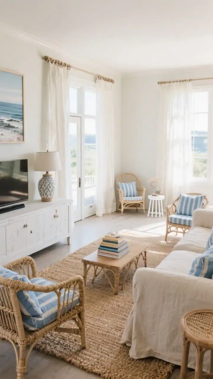 Medium-wide, corner angle of “The Sunroom Stretch”: coastal neutral long living room with natural jute rugs defining two zones conversation near large windows and a media nook by the entry wall. A slipcovered linen sofa in soft sand faces rattan accent chairs with sky-blue striped cushions. A whitewashed sideboard runs along the long wall, styled minimally. Light-filtering sheer drapes hung high widen the space; bright, airy daylight pours in. Decor includes oversized coastal photography and ceramic table lamps with rope detail. At the far end, a compact reading lounge: spindle chair, white garden stool, stack of beachy books. Textures visible: linen, rattan, seagrass, white oak. Palette: sand, cloud white, sky blue, driftwood. Photorealistic, sunlit, breezy vibe.