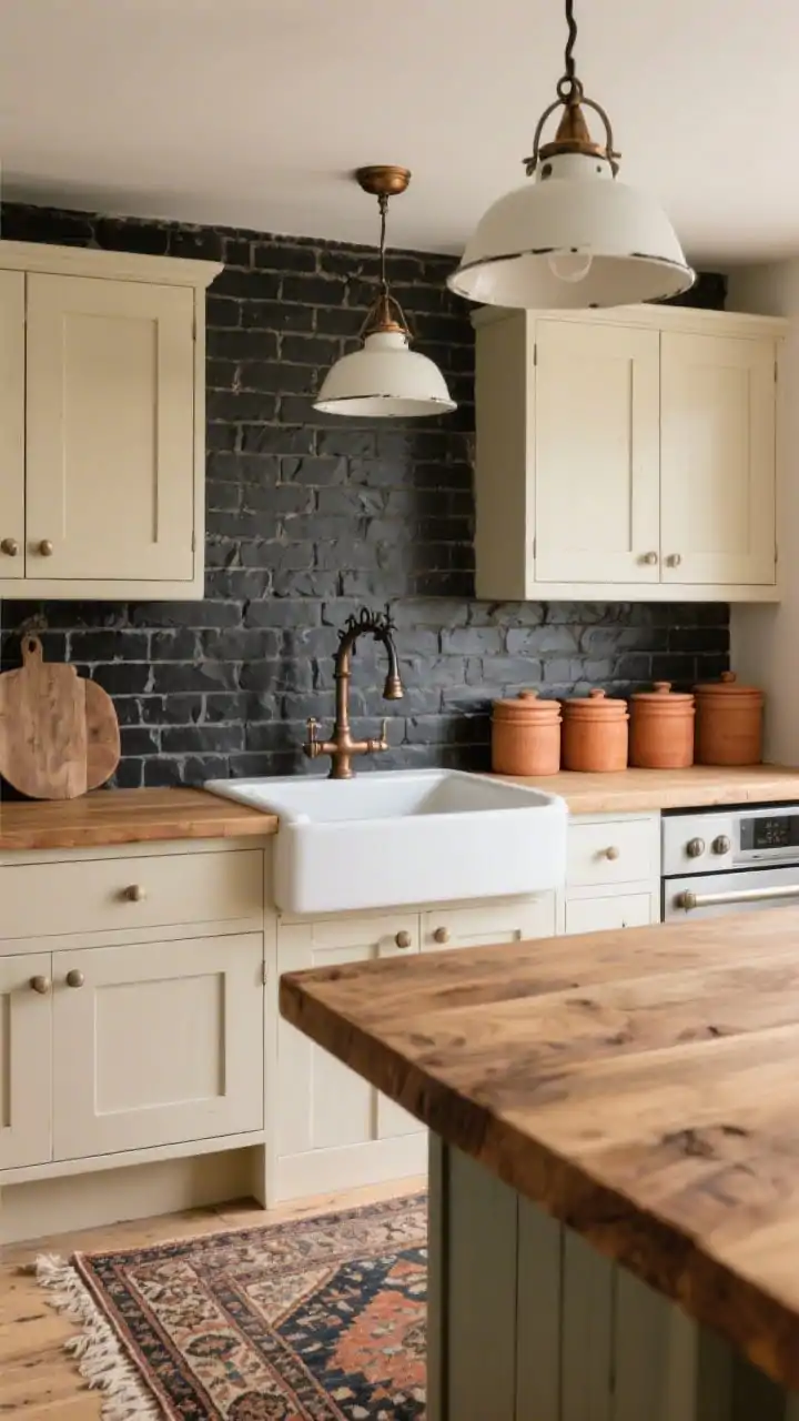 Medium-wide, country-modern kitchen showing a black slate brick splashback with slightly tumbled edges, creamy inset cabinets, and a natural oak island with honest butcher block top. Include a classic Belfast sink, antique bronze taps, and a wrought iron pot filler. Light the scene with off-white enamel barn pendants with bronze fittings. Style with a vintage rug runner on the floor and a row of terracotta canisters on the counter. Photorealistic, warm, rustic-fresh.