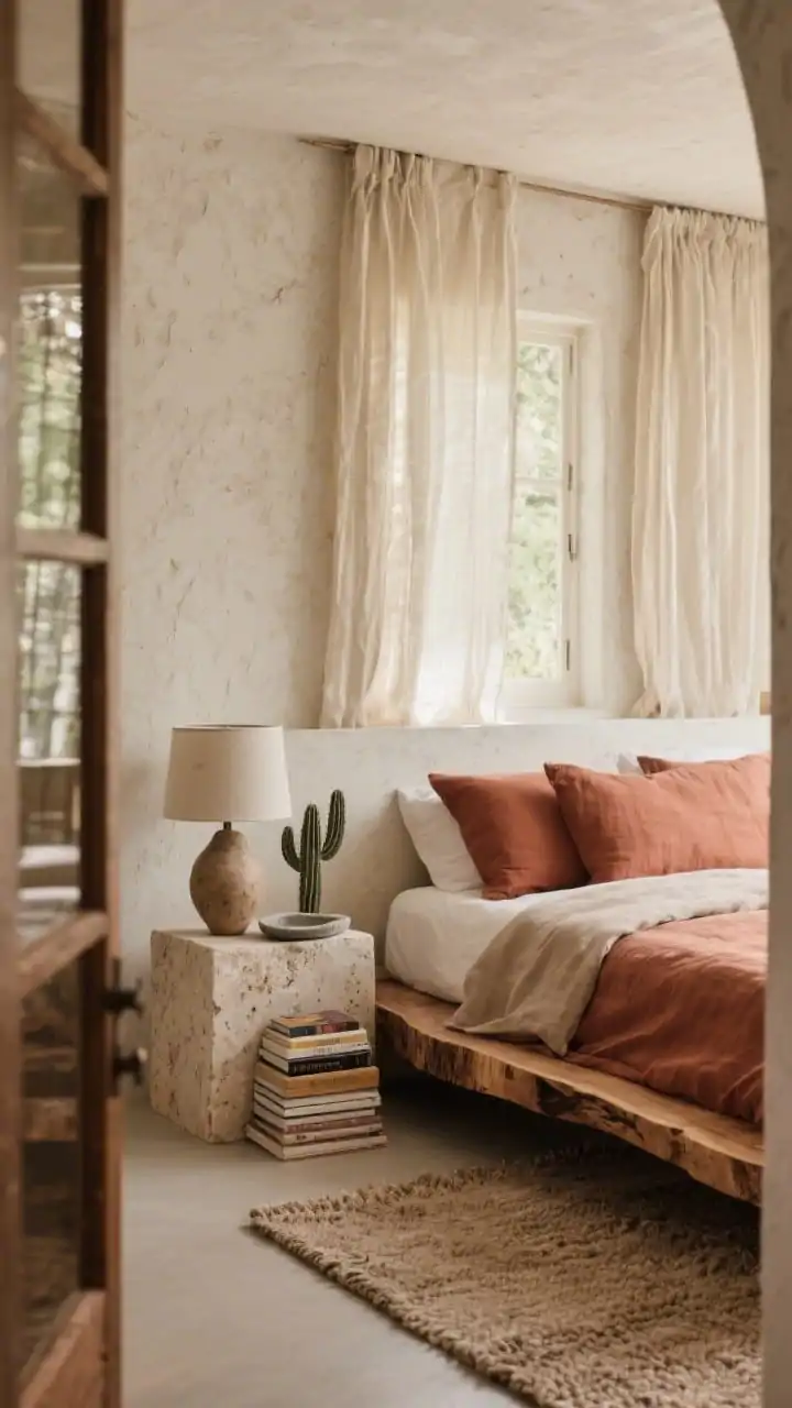 Medium-wide earthy composition, angled from doorway: Textured limewash/microcement feature wall behind a live-edge walnut bed dressed in thick linen-cotton bedding in clay and rust. Travertine cube side tables hold a rough ceramic table lamp and a soapstone tray. Layered cream window treatments gauzy sheers beneath heavy panels soften the light. A neutral nubby looped rug grounds the space. On a small plinth, stacked art books and a sculptural cactus add curated decor. Warm, natural light emphasizing stone and plaster textures; photorealistic.
