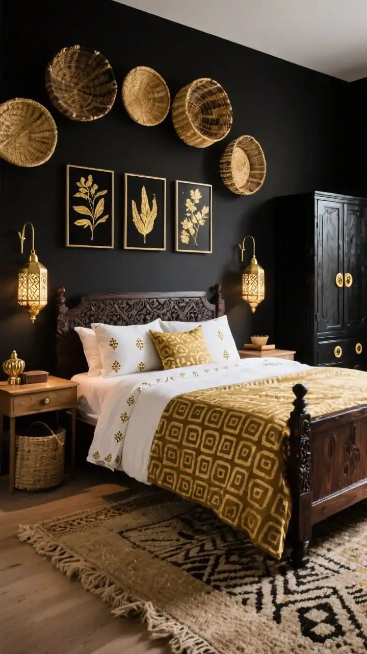 Medium-wide, globally layered scene from a side angle: warm black walls, carved dark mango wood bed dressed with gold block-print textiles (duvet and pillows with tiny metallic motifs); pair of brass Moroccan lanterns hanging above nightstands casting patterned light; jute-and-wool rug under the bed; wall display of woven baskets threaded with gold, alongside a triptych of black-and-gold botanical prints; lacquered black armoire with brass ring pulls; mixed scale patterns harmonized; cozy, worldly ambiance.