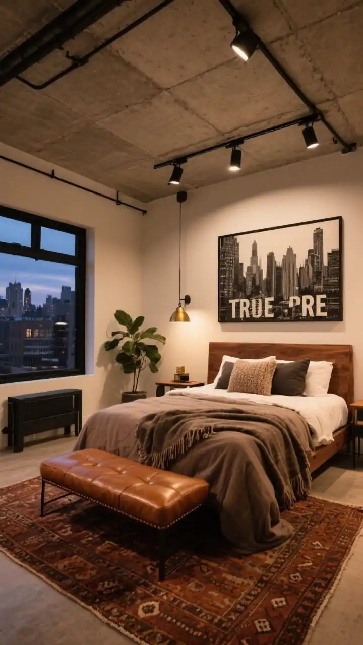 Medium-wide industrial-cozy bedroom with a concrete-finish false ceiling (lightweight panels/textured paint) and matte black track lighting aimed at art and a plant; walnut bed frame; caramel leather ottoman; spice-toned kilim rug; walls in warm putty/pale mushroom; flannel sheets, wool throw, nubby pillows; oversized typographic print (or monochrome cityscape); black metal hardware with hints of aged brass; evening scene with focused track beams and warm ambient fill.