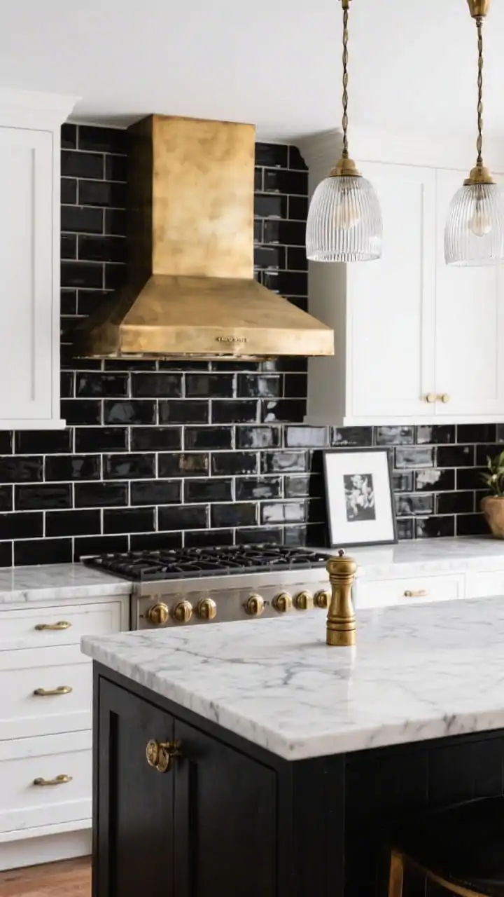 Medium-wide kitchen scene capturing high-gloss black subway tiles in a running bond with contrasting white grout as the splashback, paired with white shaker cabinets and thick Calacatta marble counters. Feature aged brass hardware and a statement brass range hood as the focal point. Hang ribbed glass pendants over the island for sparkle. Add a framed black-and-white print and a brass pepper mill on the counter. Photorealistic, glamorous, crisp contrast.