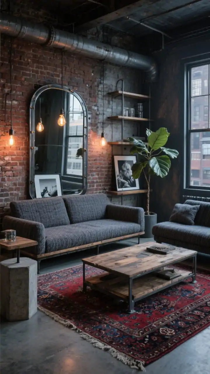 Medium-wide loft view, Urban Loft Industrial Chic: a low, streamlined sectional in graphite tweed against exposed brick or realistic faux-brick panels; a steel-framed mirror reflecting edison-bulb pendants; vintage Persian rug in inky reds and blues grounding the space; reclaimed wood and iron coffee table centered; pipe shelving with oversized black-and-white photography leaning; a concrete side table next to the sofa; a tall fiddle-leaf fig softening edges; evening urban ambiance with warm industrial lighting; textures: tweed, brick, iron, concrete, wool; palette: graphite, rust red, navy, raw wood, steel; photorealistic.