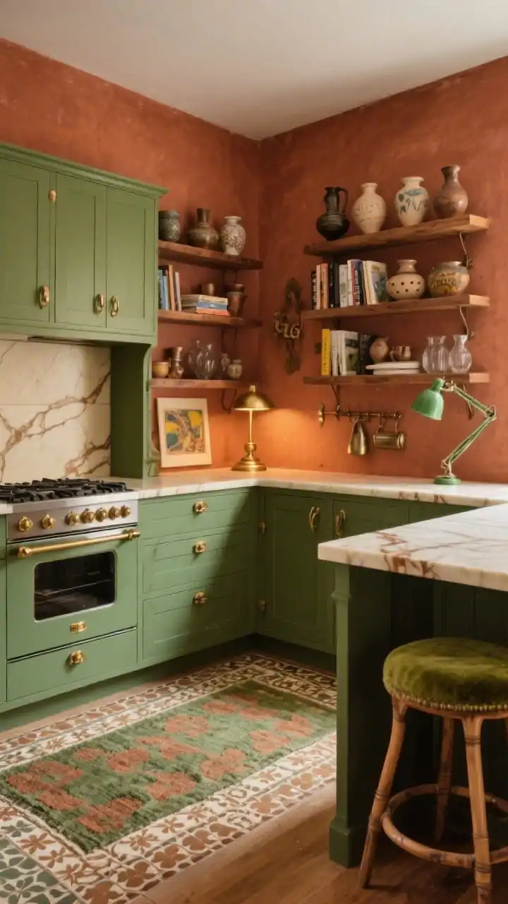 Medium-wide shot, Artisanal Eclectic kitchen: fern-green cabinets with antique brass pulls, terracotta-colored walls, creamy quartz counters with caramel veining; warm walnut open shelves displaying hand-thrown pottery and vintage glass; patterned tile “rug” in olive and rust tones centered under the range; brass library light illuminating a niche shelf with art and cookbooks; mixed metal sconces and a green enamel task lamp, vintage bentwood stools with moss velvet seats; layered, collected feel with warm ambient lighting, corner perspective, photorealistic.