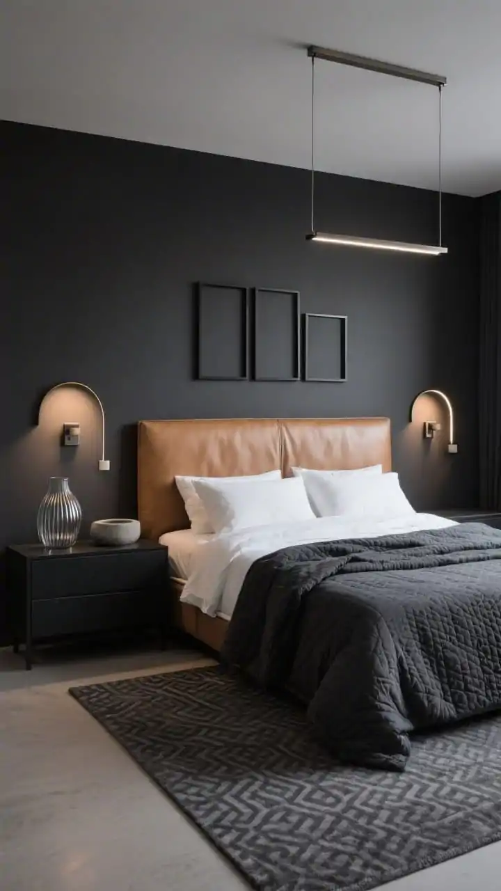 Medium-wide shot of contemporary charcoal + camel: charcoal wall as a headboard accent, camel leather bed with crisp optic white bedding, and a folded charcoal quilt at the end. Architectural lighting features arched plug-in sconces flanking the bed and, if visible, a linear metal pendant overhead. A low, wide dresser in matte black with thin black frames forming a mini gallery above. Accessories include a ribbed glass vase and concrete catchall; a graphite-toned rug with micro-geometrics grounds the scene. Controlled, sophisticated evening lighting. Photorealistic.