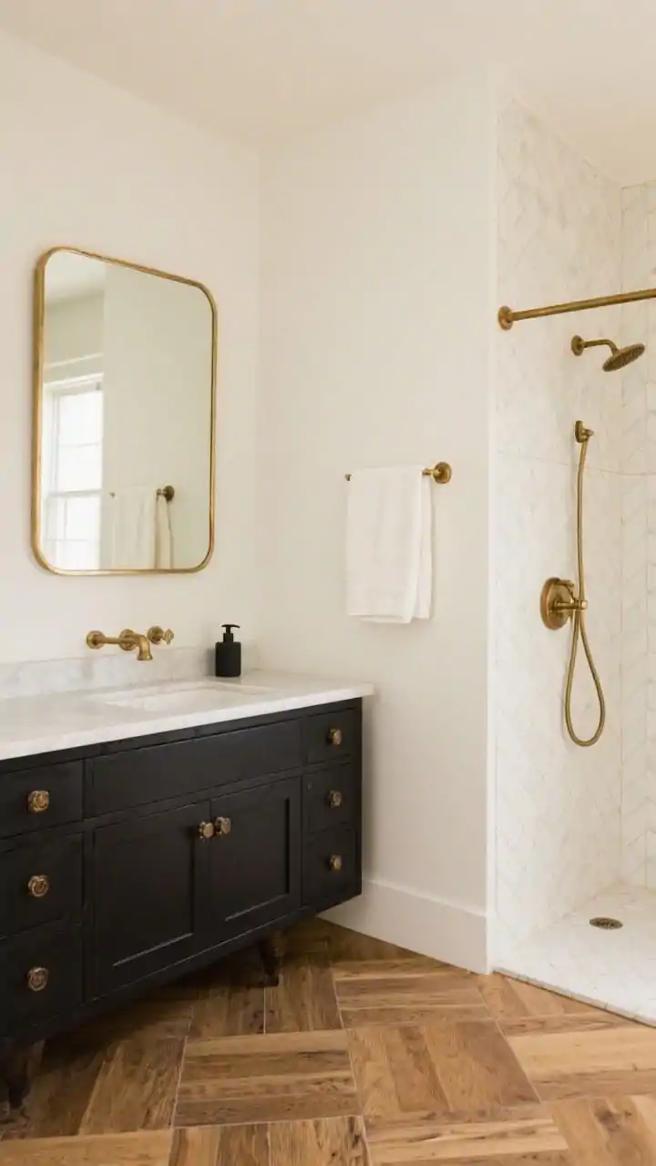 Medium-wide shot of high-contrast cream and charcoal: buttery off-white painted walls, charcoal vanity with antique brass hardware, cream zellige-style shower tiles with subtle variation, herringbone wood-look porcelain floor in medium oak tone, thin brass-framed rectangular mirror with rounded corners, cream towels, a charcoal soap pump, and brass hooks; warm, balanced lighting, straight-on composition emphasizing contrast.