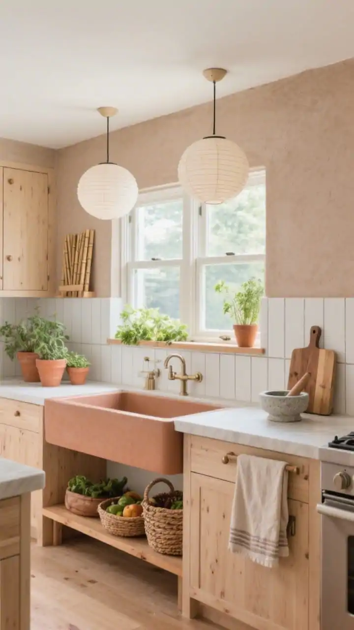 Medium-wide window-focused shot: Airy kitchen with light maple cabinets and a matte clay-toned island. Behind the sink, muted clay plaster wall tying to the island. A small indoor herb ledge by the window filled with fresh greenery. A narrow maple bench under the window with baskets for produce and linen towels. Backsplash of slim white rectangles with warm gray grout. Double paper orb pendants providing soft, diffused glow. Accessories include terracotta pots, bamboo chopping boards, and a pale stone mortar. Bright yet gentle natural light, photorealistic.