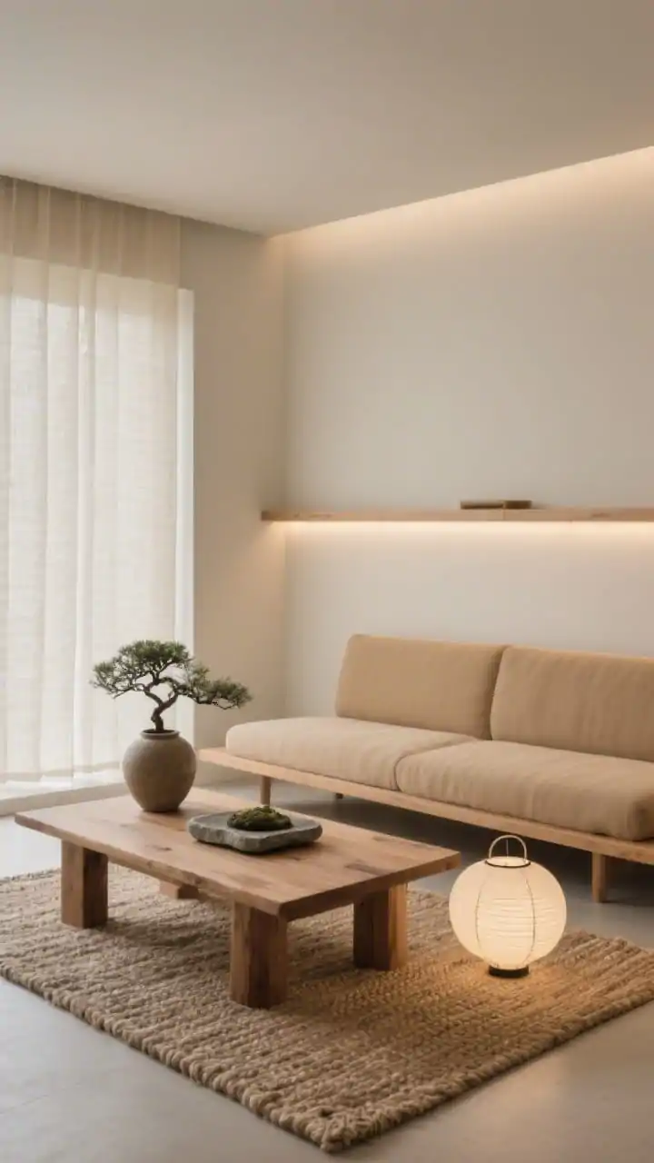 Minimalist detail-wide hybrid, Japandi Tranquility: low, bench-style sofa in warm beige opposite a solid wood coffee table with chunky legs; wool-and-jute tight-weave rug; paper floor lantern casting diffuse light; single stone bonsai tray and a hand-thrown vase as restrained decor; walls in soft oat with unlined linen panels filtering daylight; concealed LED shelf lighting adding subtle glow; serene, balanced composition, photorealistic.