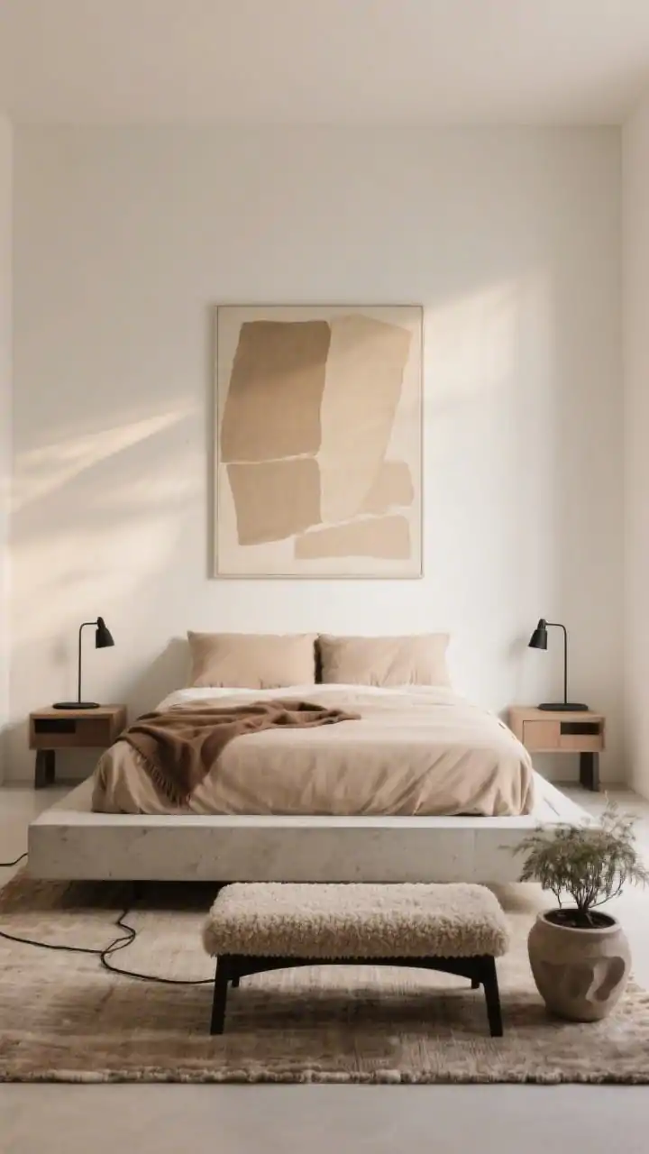 Minimalist, wide shot with gallery vibe: a low platform bed in pale beige against a warm white wall featuring a single oversized abstract canvas in tonal neutrals; floating nightstands and a slim black sconce pair flanking the bed; stone-washed linen bedding in fawn with a single mocha throw; textures include a bouclé bench at the foot, microcement planter with a sculptural plant, and a wool flatweave rug; matte black accents, hidden cords, minimal accessories; soft directional light emphasizing form and shadow, photorealistic.
