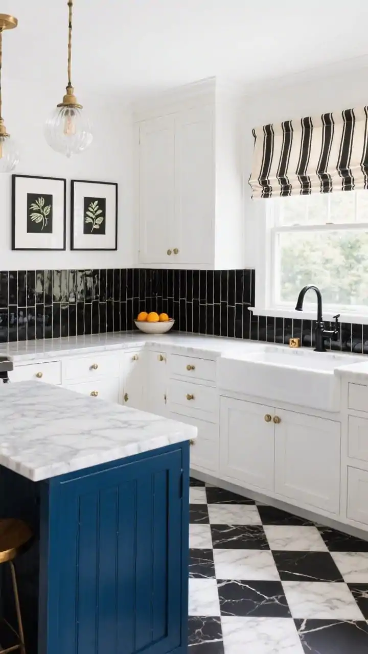 Overhead and partial wide, high-contrast classic: crisp black-and-white checkerboard floor in honed marble or porcelain as the bold base; backsplash of vertical black kit-kat mosaic tiles creating rhythmic lines; bright white shaker cabinets with satin brass knobs; island painted ink blue topped with warm Calacatta-look quartz; mixed metals matte black faucet on the sink; milk-glass globe pendants above; striped black-and-ivory cafe curtains at the window; accents: framed black botanical prints and a citrus bowl adding color; photorealistic, bright daylight.
