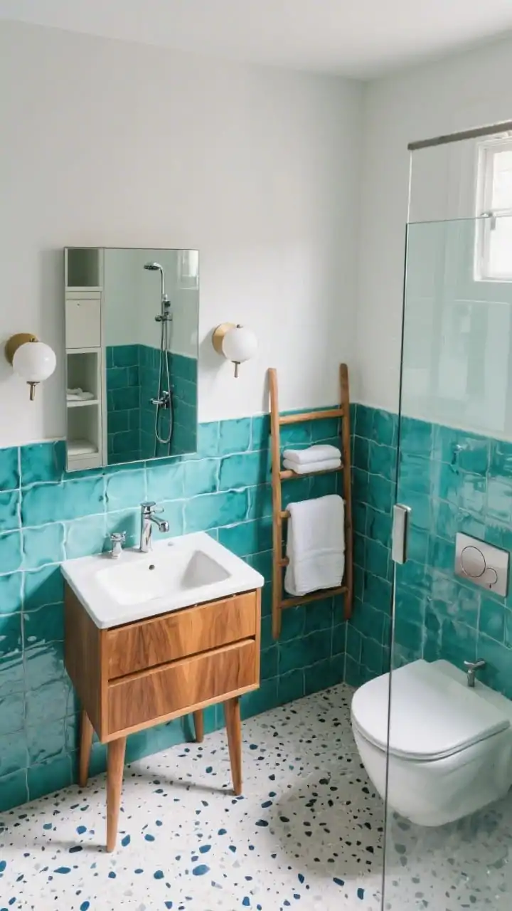 Overhead-angle medium shot, mid-century mod micro-spa: teak vanity on tapered legs, frameless mirror cabinet above concealing storage; teal Zellige tiles wrapping the shower walls with irregular glaze catching light; half-height glass panel guarding the shower; wall-hung toilet; tiny terrazzo floor in off-whites with inky blue speckles; brushed stainless fixtures; globe sconce duo flanking the mirror; slim wooden ladder rack with neatly draped towels; crisp, colorful, playful mood, photorealistic.