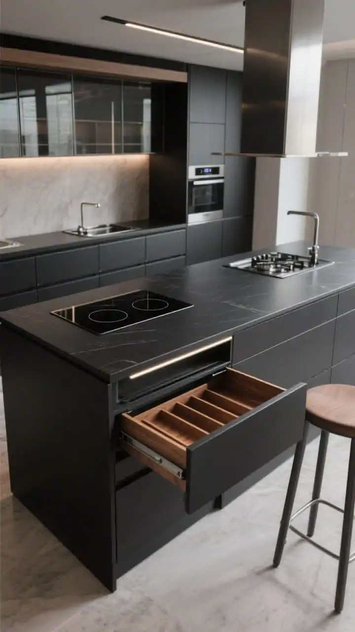 Overhead/detail hybrid shot of a tech-forward island: all-matte-black surfaces with an integrated induction worktop seamless to the counter, invisible induction zones faintly indicated; pop-up downdraft partially raised; drawer open to reveal walnut interiors with modular dividers and motion-activated lighting; background shows parallel galley layout with wall cabinets of switchable smart glass currently frosted; stainless accents and a low-profile stool edge; futuristic yet warm, photorealistic, no people.