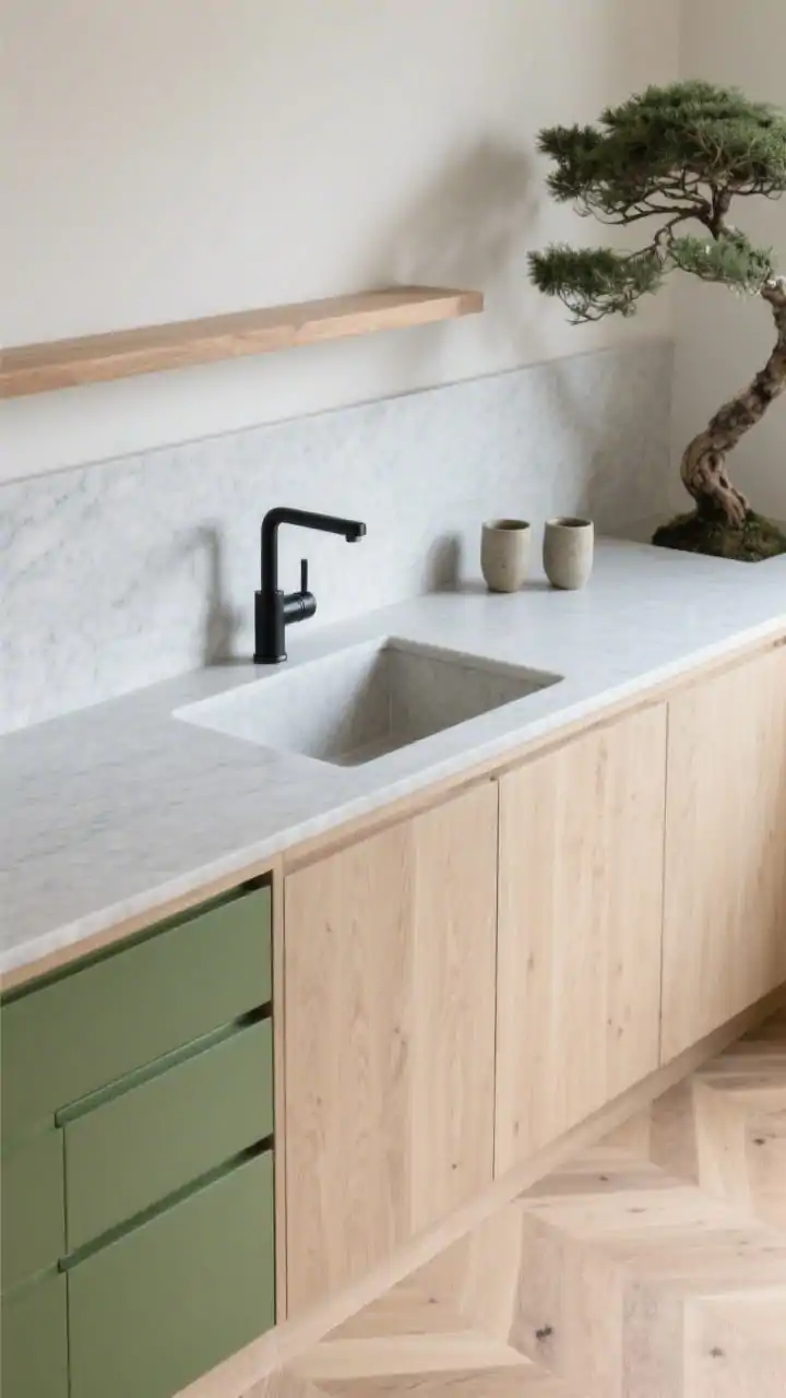 Overhead detail, Japandi Garden Minimal: thin-profile pale grey quartzite countertop wrapping seamlessly up the backsplash line; wall-mounted black faucet casting a soft shadow; edge of flat-front ash wood cabinet with light whitewash grain visible; wasabi-green drawer fronts adjacent; simple oak rail with two stoneware mugs arranged neatly; a single bonsai’s canopy partially entering frame; light oak tight herringbone floor visible at bottom edge; calm, diffused daylight, photorealistic.