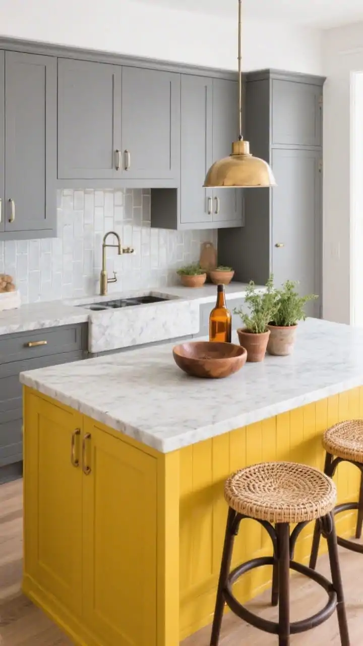 Overhead-detail meets 3/4 perspective: Focus on a rich saffron yellow island topped with light quartzite, contrasting with graphite gray perimeter cabinets and soft white walls. Perimeter features honed soapstone countertops with velvety texture; vertical pale gray kit-kat tile backsplash. Mixed metals: brushed nickel pulls on cabinetry and a warmer brass pendant casting an inviting glow over natural cane stools with dark wood frames. Styled with amber glass bottles, a chunky wooden bowl, and herb pots; energetic yet composed, photorealistic.