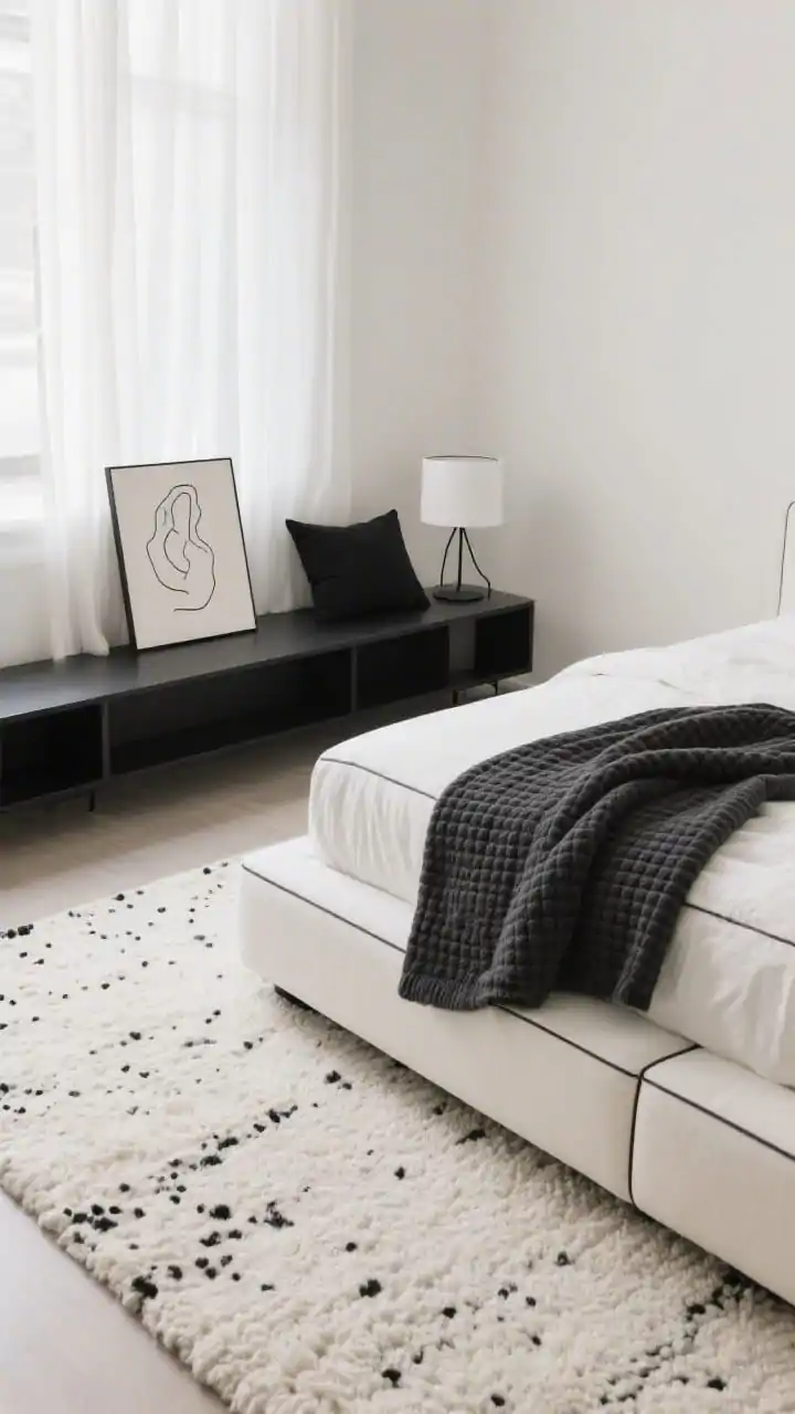 Overhead detail, Minimalist Textural Sanctuary: a top-down view capturing tone-on-tone layers a loomed ivory rug with subtle black specks beneath the corner of a low upholstered white bed with clean seams; a charcoal waffle blanket folded near a simple black lumbar pillow; black floating shelf nightstand holding a small white table lamp with a visible black cord and a single black-and-white line drawing leaning above; white gauze curtains filtering soft light into the frame; serene, minimal, photorealistic.