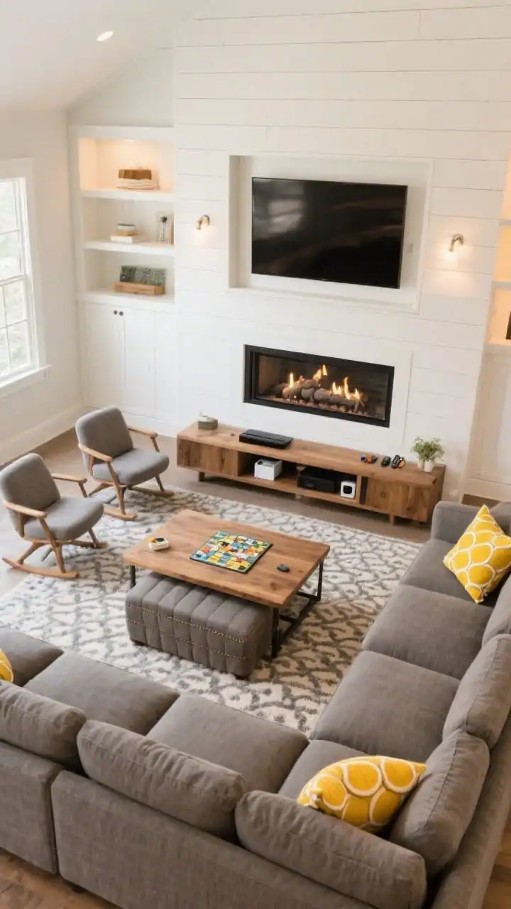 Overhead detail-plus-room shot of a family-friendly U-shaped seating plan around a shiplap-clad fireplace in soft white with a recessed niche/frame TV above; a deep sectional in performance fabric (slate) faces the fire, two swivel chairs complete the U for flexible TV-to-fireplace sightlines; chunky oak coffee table set for board games; narrow console behind the sectional with chargers and remotes neatly corralled, a storage ottoman tucked beneath; washable patterned rug under the seating; citrus-hued pillows adding pops of color; warm, practical lighting that feels cozy but bright enough for family use; palette of warm white, slate, oak, citrus accents; photorealistic.