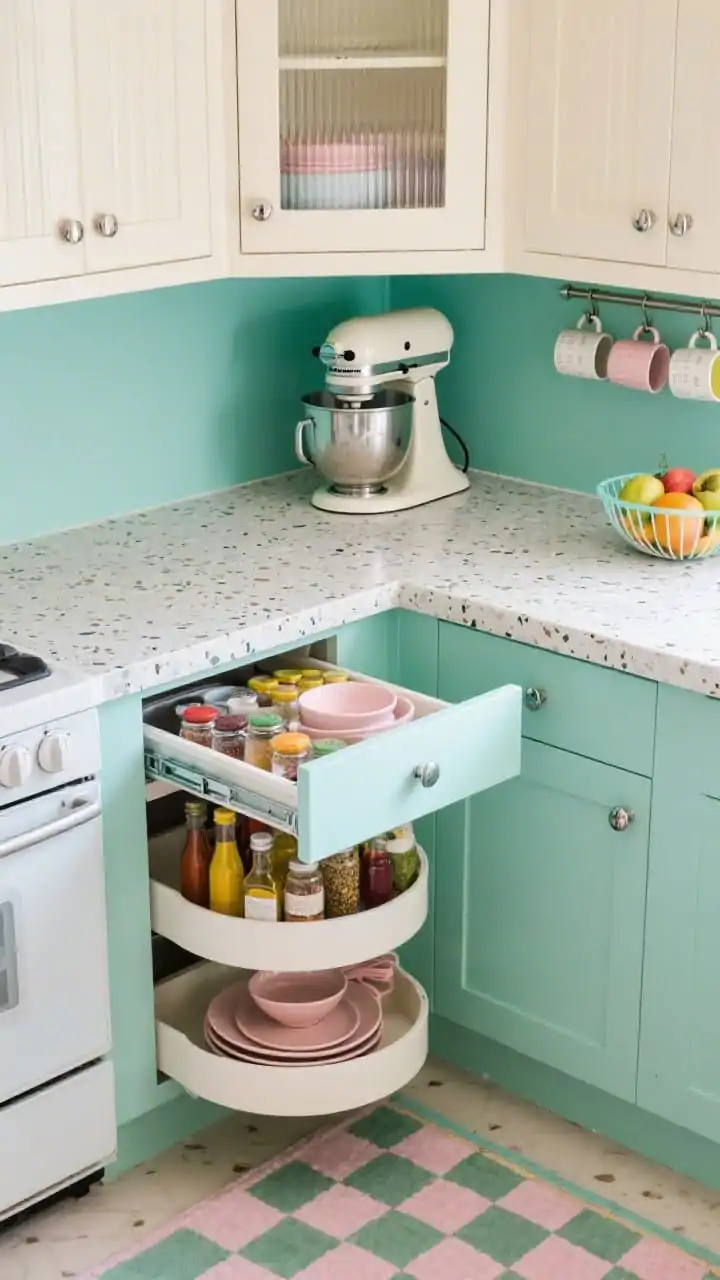 Overhead detail, Retro Cool corner: color-blocked mint and cream cabinetry with chrome edge pulls, terrazzo countertop; lower slide-out organizers extended with spices and oils, tiered corner carousel fanned out neatly, hinged mixer lift raised with a stand mixer at counter height; upper cabinet with fluted-glass front slightly open; under-cabinet hooks holding mugs and measuring cups in a tidy row; checkerboard runner edge, blush dishware and a neon fruit bowl visible; crisp, cheerful lighting to emphasize playful polish.