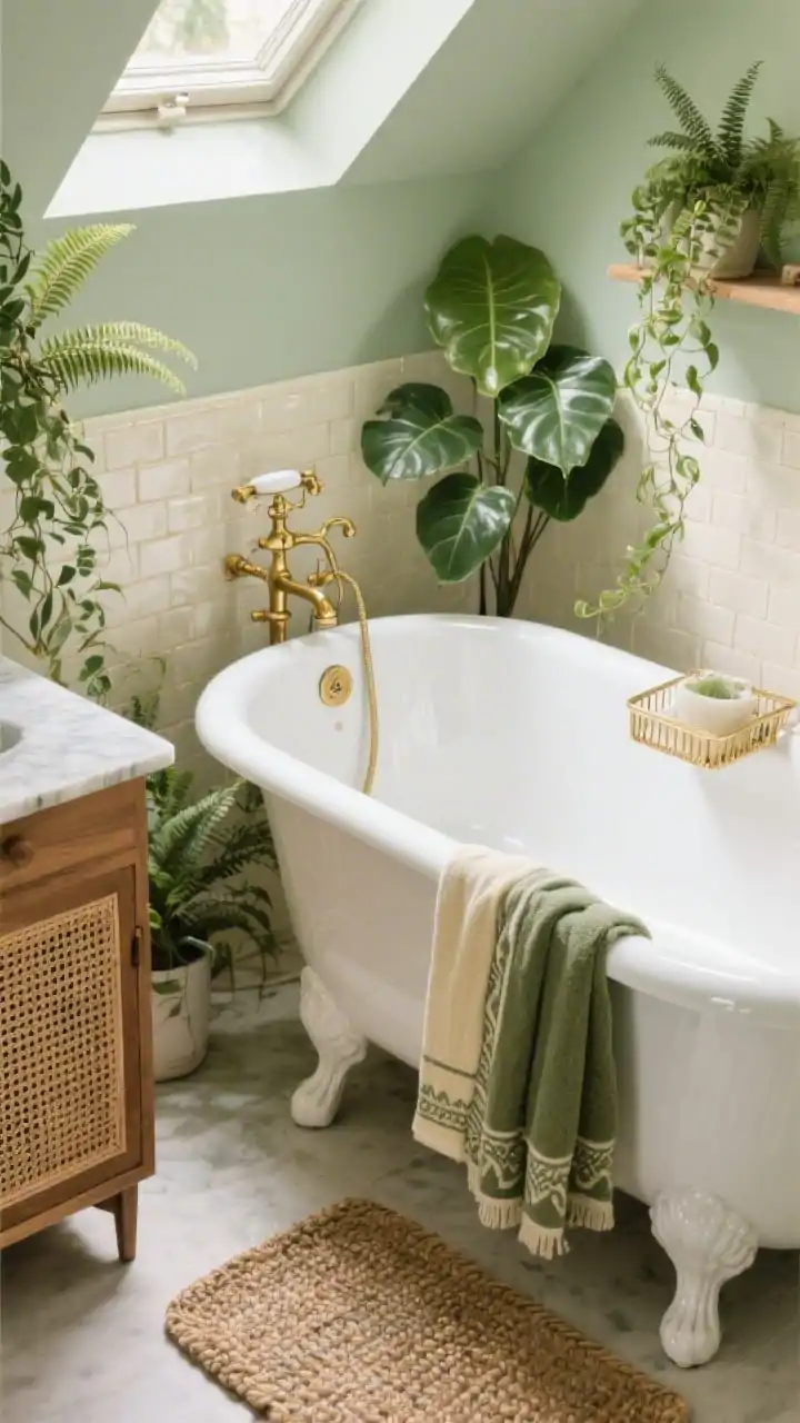 Overhead detail shot: A botanical retreat bath caddy scene across a glossy white clawfoot tub, surrounded by soft greens and warm whites; muted sage wall color visible at the edge; soft gold tub filler hardware glinting warmly; ribbed wood vanity with rattan-front doors and a marble top glimpsed nearby; zellige/handmade-look cream subway tiles adding subtle variation and shimmer; lush plant life around ferns and pothos trailing near the tub, a rubber plant in the corner, philodendron on shelves; natural daylight from a skylight or solar tube washing the scene; Turkish towels in olive and cream and a woven bath mat completing the organic textures; photorealistic.