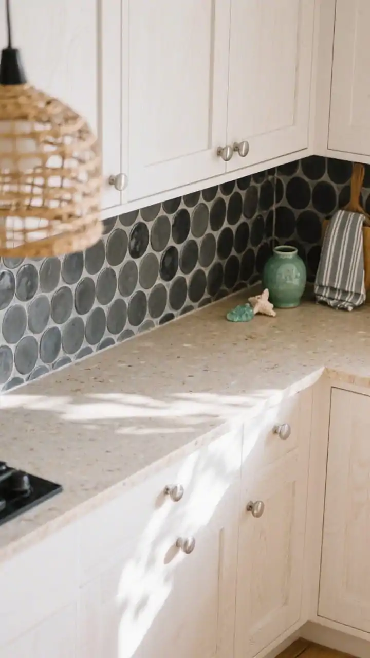 Overhead-detail shot capturing a curved run of black penny round tiles grouted in mid-grey forming a half-height splashback that wraps around a corner. Show whitewashed oak cabinet fronts below and a sand-colored quartzite countertop edge. Include matte nickel fixtures partially in frame, rattan pendant shadows on the surface, and small accents: sea-glass green ceramics and a striped tea towel. Photorealistic, coastal, soft, playful texture.