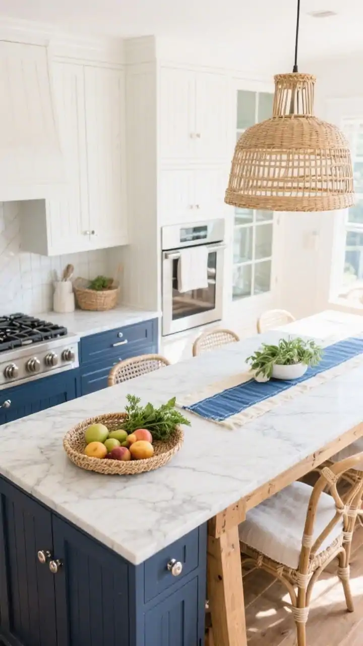 Overhead detail shot capturing Coastal Crisp textures and accents: a soft-navy island with shaker fronts topped by statuario-veined quartz; polished nickel hardware catching bright natural light; adjacent natural oak trestle table set with cane-back chairs and plush linen seat pads; a woven rattan dome pendant partially in frame; a raffia tray on the island holding fruit and fresh herbs; blue-and-ivory runner visually stitching cook zone to dining nook; palette of crisp white, navy, sandy beige; include ribbed glass hint from nearby hutch doors; breezy, sunlit, no people, photorealistic.