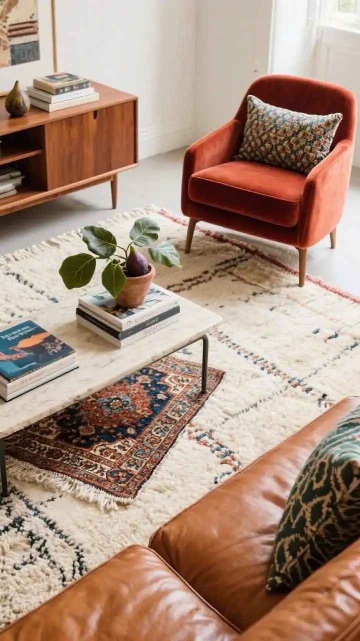 Overhead detail shot focusing on layered rugs: a large neutral wool rug with a smaller vintage Persian rug angled beneath a coffee table; visible caramel leather sofa edge and a velvet armchair corner; mid-century credenza leg peeking in; palette highlights rust, indigo, olive, and cream; styled with potted fig leaves, stacked art books, and mismatched patterned pillows nearby; soft natural light accentuating patterns and weaves, photorealistic.