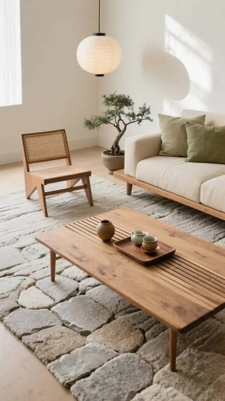 Overhead detail shot, Japandi Serenity: A slatted ash-wood coffee table shot from above on a stone-toned flatweave wool rug; a portion of a beige, low-line sofa at the edge with linen cushions in sage; a wooden tray holding a minimalist tea set and small pottery in earthy glazes; nearby, the top of a Shaker-style chair with woven seat peeks in; soft, diffuse light from a paper lantern pendant casts gentle shadows; warm white walls implied by reflected light; a small potted bonsai or eucalyptus branch adds organic movement; palette of beige, ash wood, sage, stone; clean, restorative, photorealistic.