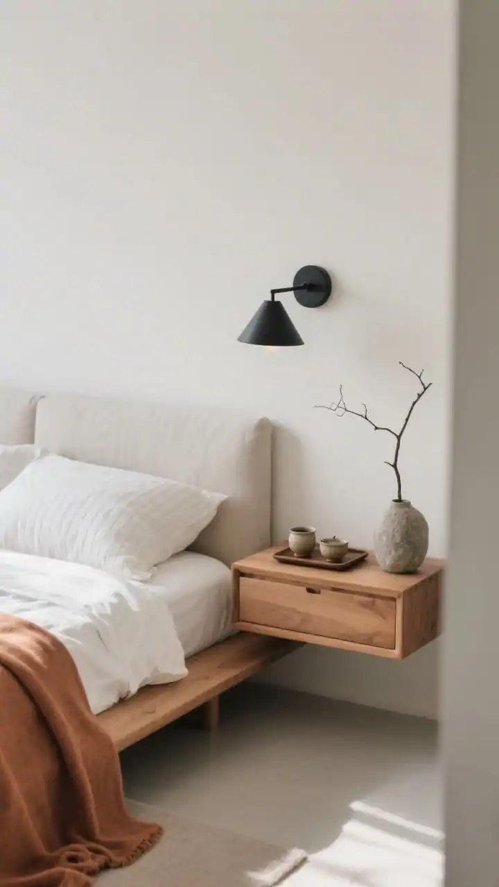 Overhead detail shot, Japandi zen minimal: low natural wood platform bed with a neutral linen headboard cushion; ribbed cotton bedding in warm white layered with a clay-toned throw. Floating nightstand in oak holding a minimalist black wall reading lamp above, small ceramic tea set on a tray, and a single branch in a stone vase. Palette limited to white, oak, clay, and a whisper of charcoal. Pale greige wall visible, clear surfaces, serene textures, soft morning light.