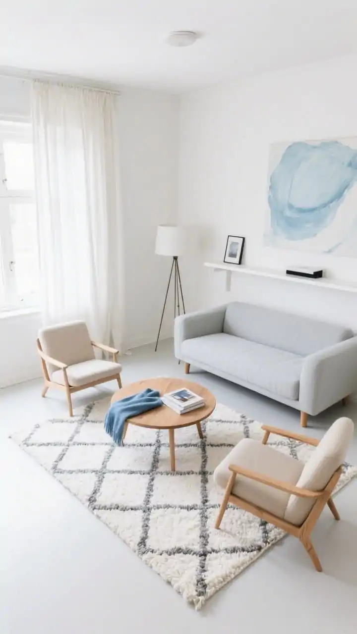 Overhead detail shot, Light-Scaled Nordic Nest: A bird’s-eye view of a compact living setup featuring a 71-inch pale gray loveseat on tapered oak feet, two tight-back lounge chairs in oatmeal with open wood frames, and a round ash-wood coffee table softening the layout; below, a flatweave Scandi diamond rug in ivory and gray; color palette of soft whites, driftwood, and powder blue shown via throw and art book accents on the table; a slim white media shelf replaces a bulky console, and slim tripod floor lamps flank the loveseat; ceiling-mounted linen curtains frame the scene while a large-scale abstract in misty blues hangs nearby; bright, airy daylight emphasizing leggy silhouettes and negative space.