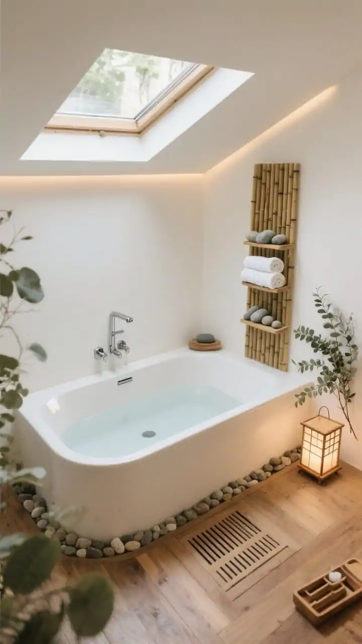 Overhead detail shot: Nature-inspired zen scene of a low-profile soaking tub centered under a fixed skylight pouring natural light; slatted teak floor deck with a hidden drain, a stone pebble border tracing the tub base; warm white surrounding walls with a vertical bamboo shelf unit holding rolled towels and smooth stones; brushed stainless wall spout with minimalist square valves; dimmable cove LEDs subtly aglow and a tiny shoji-inspired lantern nearby; eucalyptus bundle and cedar bath caddy completing the spa ritual vibe; tranquil, photorealistic.