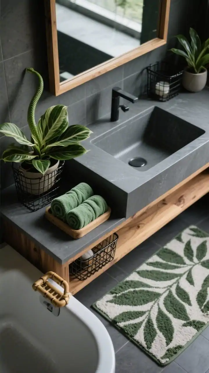 Overhead detail shot of a Plant-Packed Zen arrangement: soft charcoal gray vanity top with eucalyptus green towels neatly rolled beside a leaf-print bath mat just in frame; natural wood accents including a slim teak shelf edge and a bamboo tub caddy corner; thin wood-framed mirror partially visible at top edge; low-light plants (ZZ leaf cluster, snake plant tip) adding organic forms; black wire baskets tucked neatly for storage; moody yet serene lighting with gentle highlights on wood grain and charcoal surfaces.