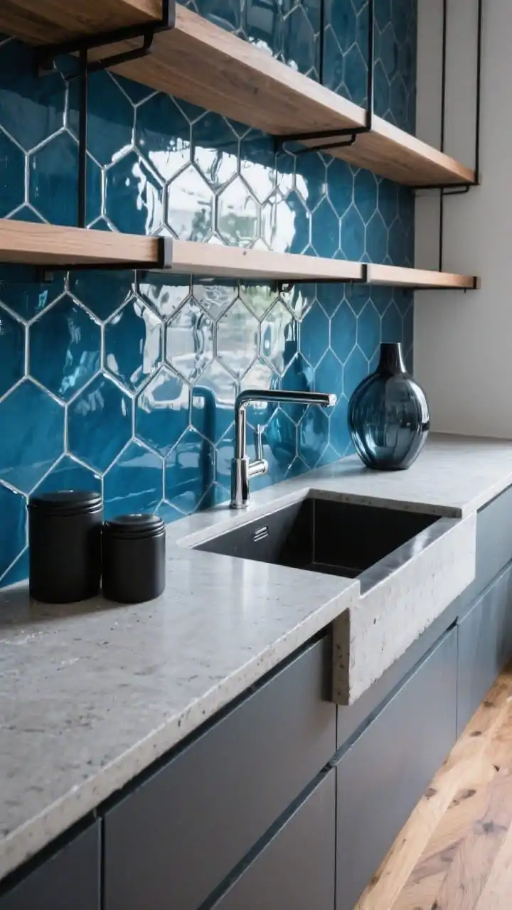 Overhead detail shot of an urban luxe vignette: steel-blue glossy glass hex tiles laid tight, forming a continuous jewel-like surface; chrome or polished nickel faucet with a black-framed pot-filler arm crossing the frame; edge of a concrete-look waterfall island visible; matte black canisters and a single sculptural vase; smoked glass pendant reflections on the tiles; slim oak plank shelf with blackened metal brackets at top edge; wide-plank oak flooring in a cool mid-tone nearby for context. Photorealistic, crisp modern mood, cool balanced lighting.