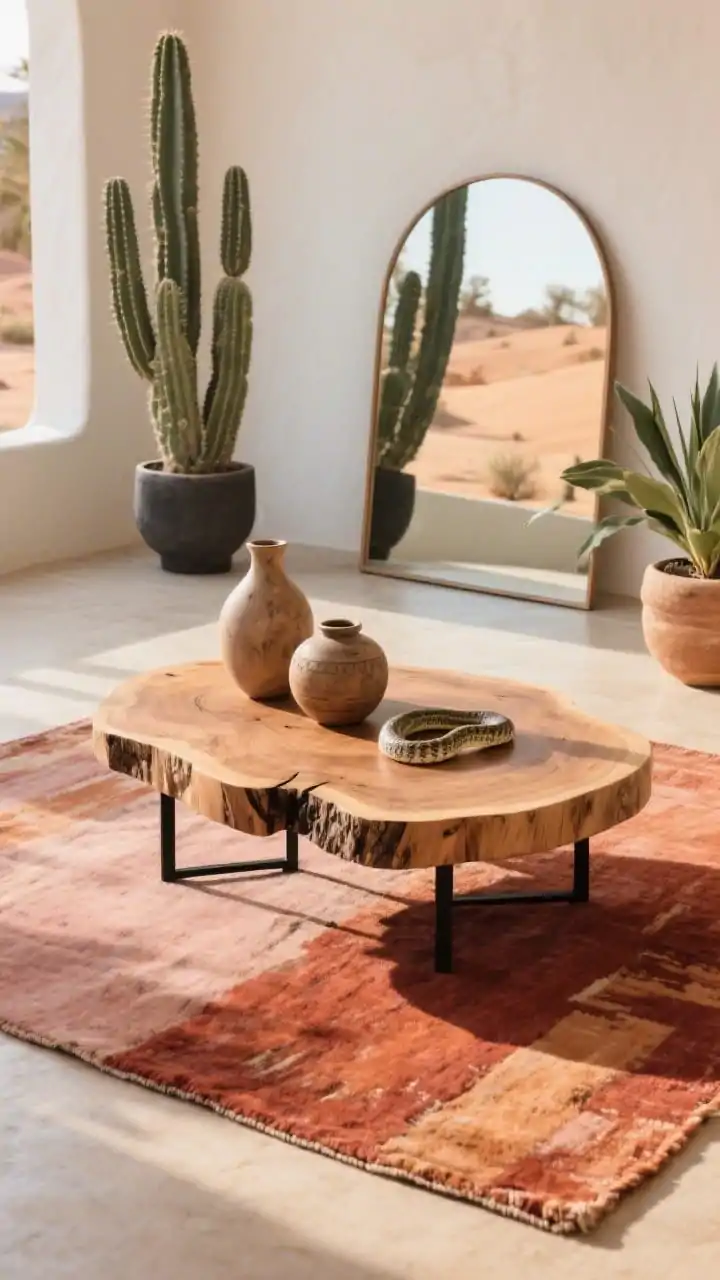 Overhead detail shot of desert modern styling on a coffee table and rug: live-edge or rounded wood coffee table styled with ceramic vases, arched mirror leaning nearby reflected subtly, warm-toned rug in rust/clay/desert blush beneath, palette of terracotta, sand, sage, charcoal, off-white; cacti and snake plants flanking the scene, black iron accents visible in table legs; sun-baked, warm golden-hour light, photorealistic texture emphasis.