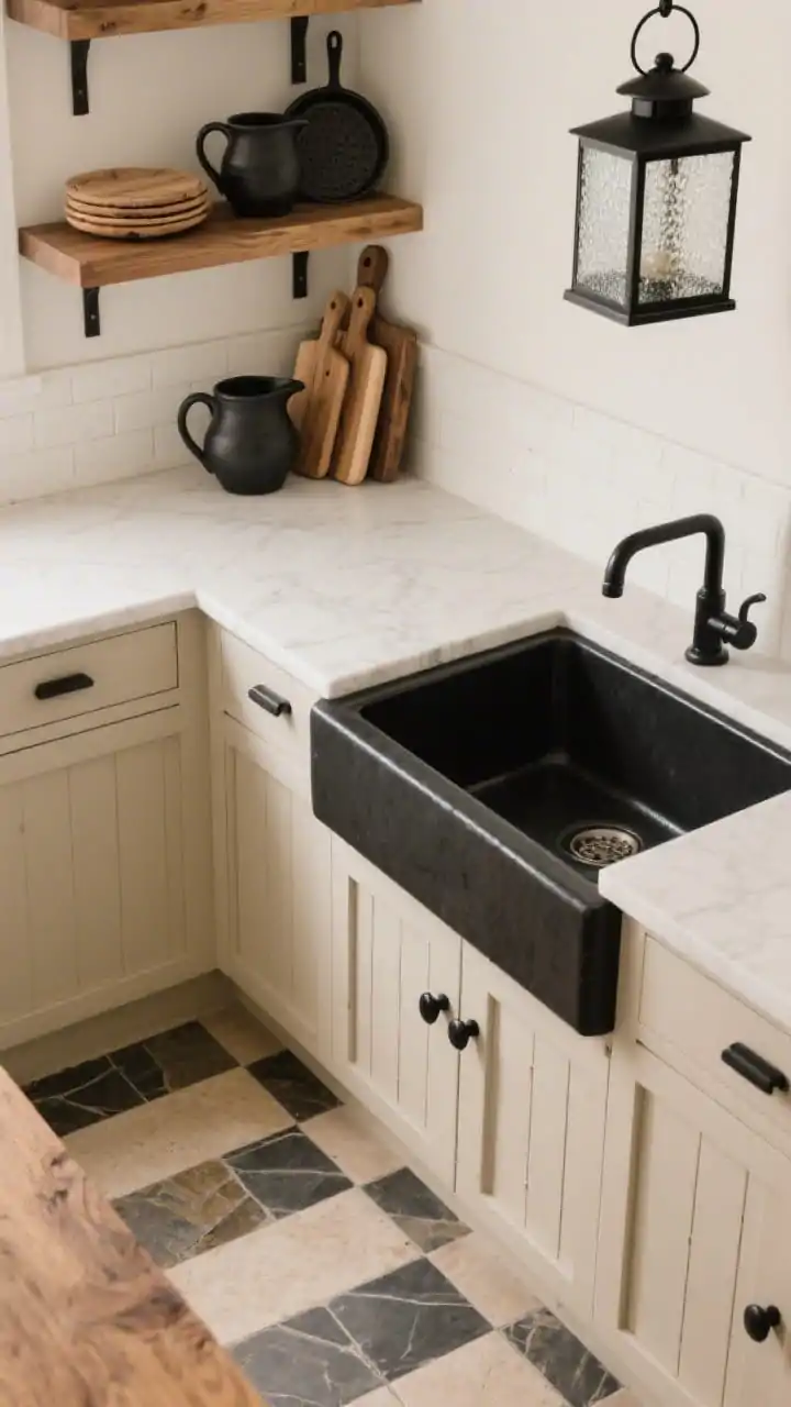 Overhead detail shot of modern farmhouse surfaces: beige beadboard lowers with black cup pulls, solid oak countertops sealed matte showing grain, black apron-front sink with water beading; adjacent floor shows beige-and-charcoal stone checkerboard tiles; styled nearby open shelf with stacked cutting boards, black clay pitchers, cast-iron cookware; seeded-glass black lantern pendant partially visible; putty beige, matte black, hearty oak palette.