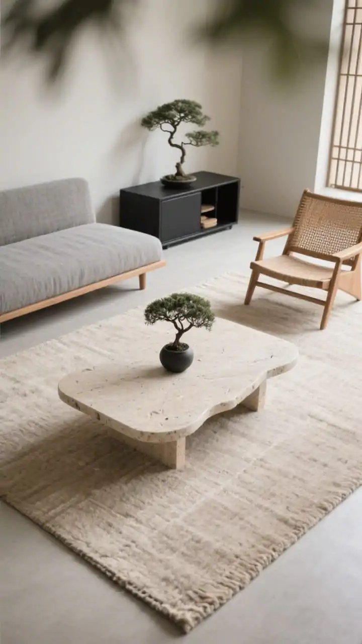 Overhead detail shot of “The Japandi Rail”: focus on a travertine coffee table with softly rounded edges atop a wide, flat-woven oatmeal wool rug. Surrounding elements partially visible: the edge of a low, bench-like sofa in pebble gray linen, beech wood lounge chair in natural finish with paper cord detail, and a slender matte-black console with closed storage. Palette of warm neutrals, soft gray, and matte black accents. Minimal styling single bonsai-style ficus branch in a simple vessel; nearby glimpse of a slatted room divider hinting at the meditation nook. Clean daylight, soft shadows, serene and minimal, museum-calm mood. Photorealistic texture emphasis on travertine, wool, and beech.